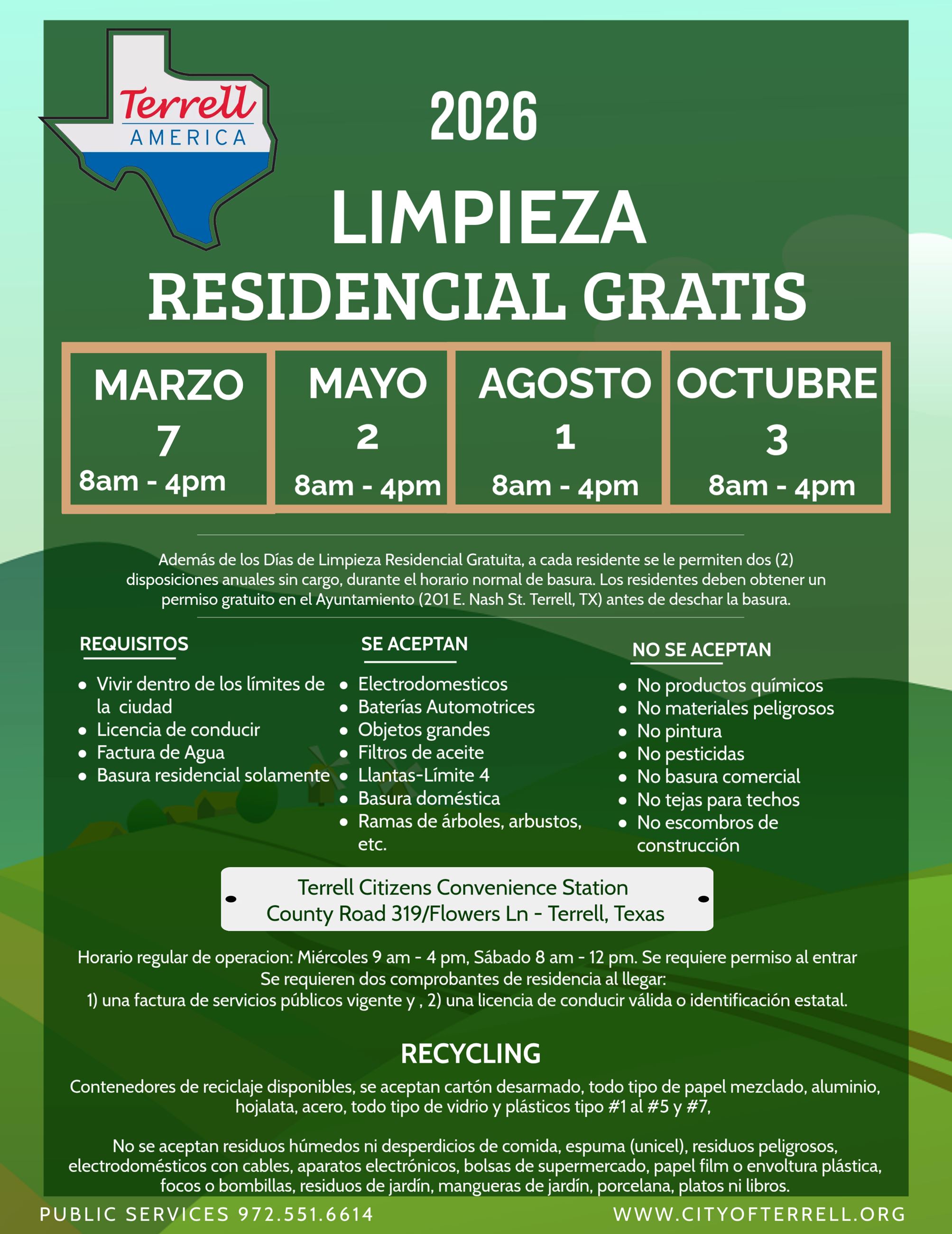 2026 FREE RESIDENTIAL CLEANUP SCHEDULE SPANISH 